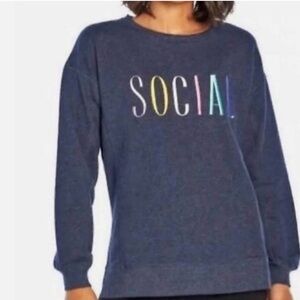 WILDFOX “SOCIAL” EMBROIDERED STATEMENT LONG SLEEVE SWEATSHIRT NAVY BLUE SZ M NWT